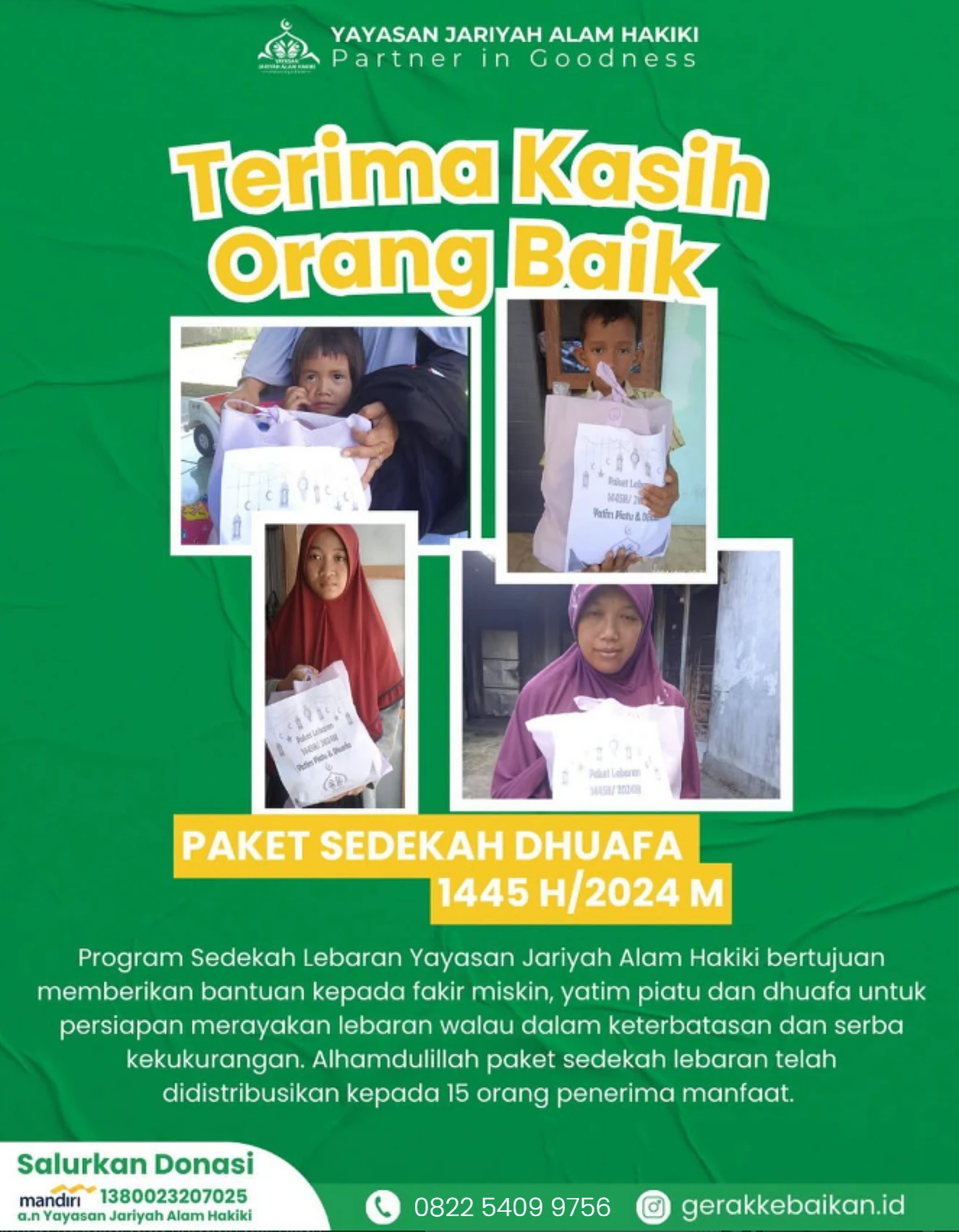 Penerima Paket Sedekah Dhuafa 1445 H / 2024 M dari Yayasan Jariyah Alam Hakiki